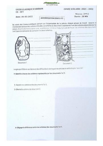 Devoir surveillé de SVT niveau Seconde C Lycée Classique Abidjan 21-22