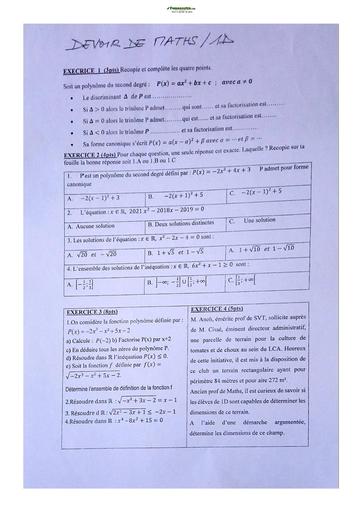 Sujet de Mathématique Première D Lycée Classique Abidjan 2022-2023