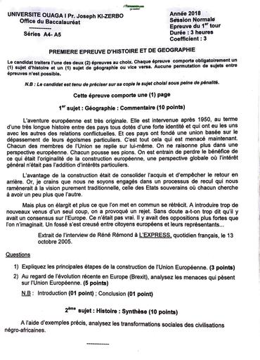 HIST GEO BAC A4,A5 2018 1er TOUR SESSION NORMALE