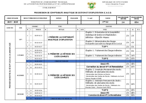 PROGRESSION DE COMPTABILITE ANALYTIQUE PREMIERE G2 2025 2026