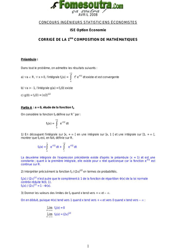 Corrigé 1ère épreuve de maths ISE option économie 2008 (ENSEA - ISSEA)