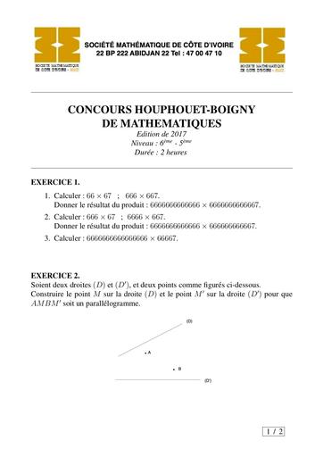 CONCOURS MATHS FHB 2017 niveau 6e-5e by DJAHA