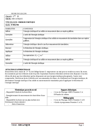 FCICHE DE COURS PC 1ière CD L2 ENERGIE CINETIQUE BY TEHUA
