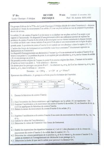 Sujet de Physique-Chimie Terminale D Lycée Classique Abidjan 20-22
