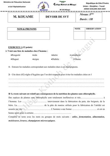 DEVOIR SVT NIVEAU 5ième COLLEGE KOTHO DE MEAGUI 2025 BY TEHUA