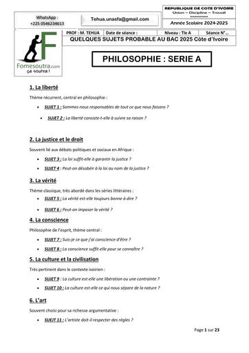 PREPA BAC 2025 PHILOSOPHIE SUJET PROBABLE serie A Côte d'Ivoire 2025 + CORRIGE by TEHUA