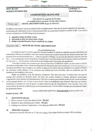 Bepc blanc 2026 dren Abidjan 4 Composition Française By Tehua