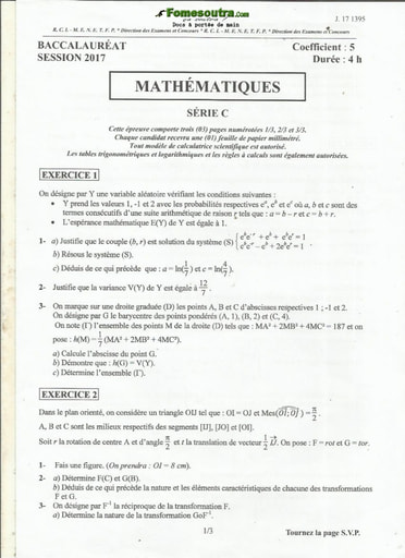 Sujet de Maths BAC C 2017