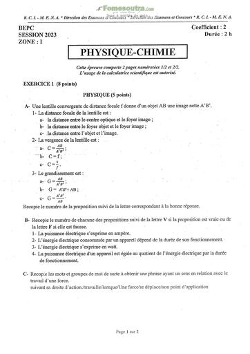 Compilation de sujets corrigés et barèmes Physique-Chimie BEPC 2023 Zone 1 2 3