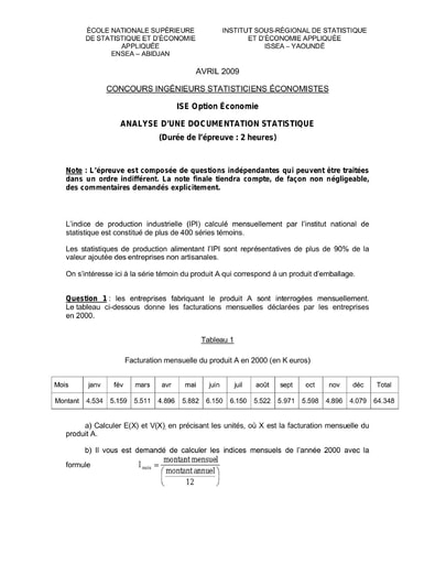 Sujet Analyse d'une documentation statistique ISE option économie 2009 (ENSEA - ISSEA)