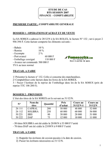 Sujet corrigé Etude de Cas BTS Finances Comptabilité 2007