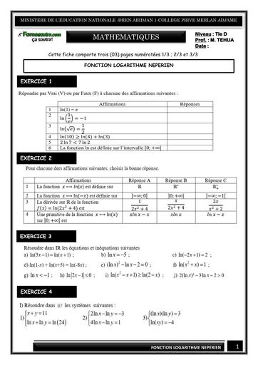 FICHE DE TRAVAUX DIRIGES MATHS Tle D FONCTION LOGARITHME NEPERIEN BY TEHUA