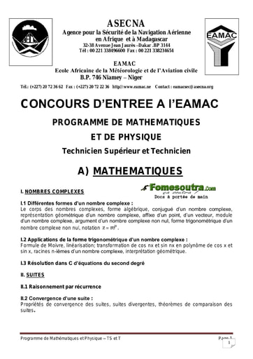 Concours d’entrée a l’EAMAC programme de Mathématiques et de Physique -Technicien Supérieur et Technicien