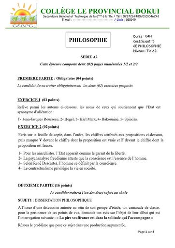 DEVOIR DE PHILO NIVEAU Tle A PROVINCIAL NOVEMBRE 2025 by TEHUA