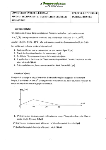 Sujet de Physique Concours EAMAC cycle Technicien Supérieur et Technicien session 2012 (2)