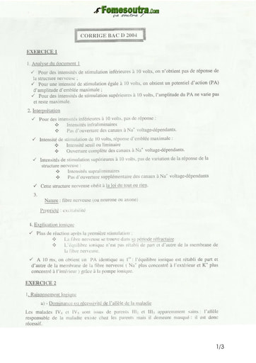 Corrigé de SVT BAC D 2004