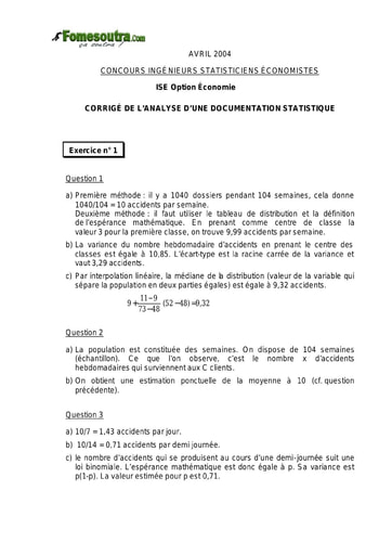Corrigé Analyse d'une documentation statistique ISE option économie 2004 (ENSEA - ISSEA)