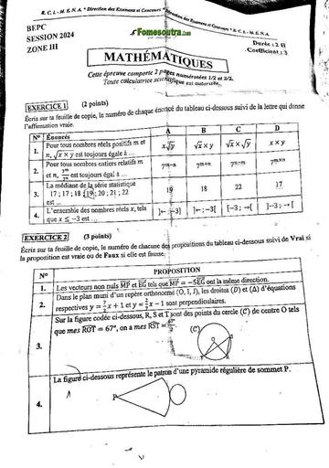 SUJET BEPC 2024 MATHEMATIQUES Zone 3 by Tehua