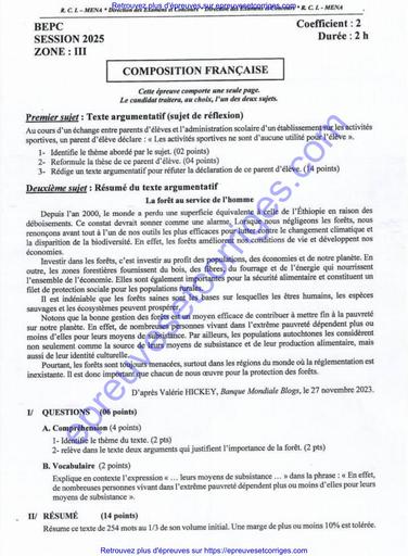 Preuve et Corrigé de Composition Française – BEPC Session 2025 Zone 3