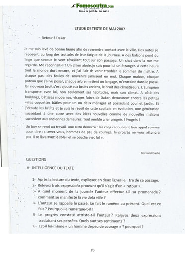 Sujet et corrigé d'Etude de texte concours d’entrée à l'EMPT Bingerville 2007