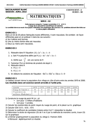 Sujet de Maths BAC blancs série G2 ADAMA SANOGO 2014