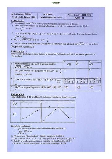 Sujets de Mathématique série C Lycée Classique d'Abidjan 2023