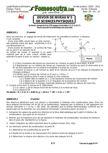 Devoir 4 Physique-Chimie niveau Terminale D lycée moderne Dimbokro