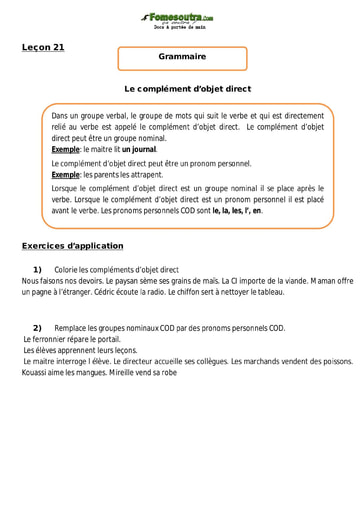 Le complément d’objet direct - Cours CM1