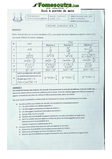 Sujet Terminale D math 20-21