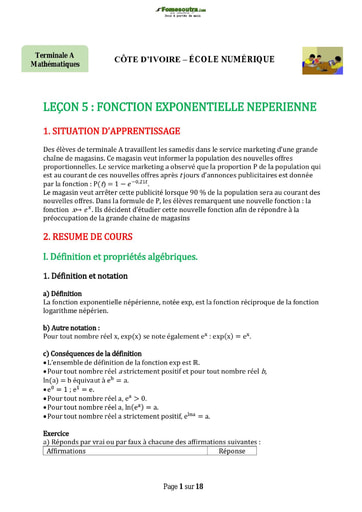 Sujet de mathématique Terminale A :  Fonction exponentielle