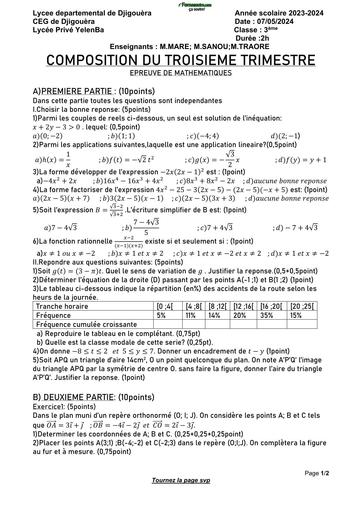 SUJET MATHS 3ième TRIMESTRE 3 CEG DE DJIGOUERA 2024 BY TEHUA