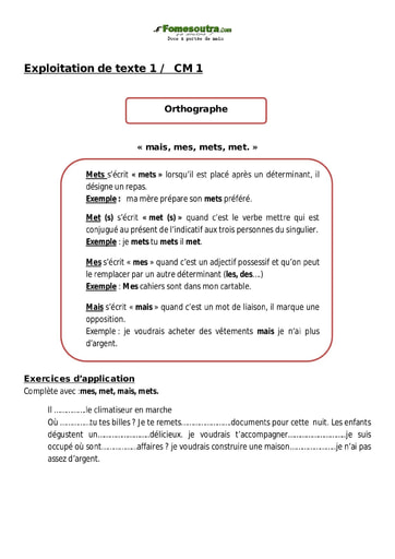 « mais, mes, mets, met. » - Cours CM1