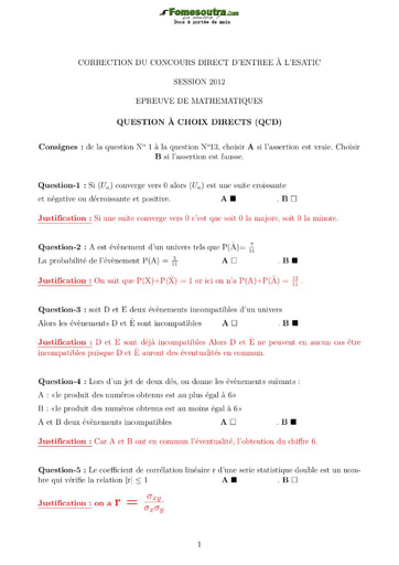 Sujet corrigé de Mathématiques Concours direct d’entrée à l'ESATIC session 2012