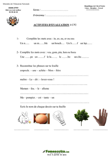 Evaluation (1) Vocabulaire niveau CP2 -  Cours Attey