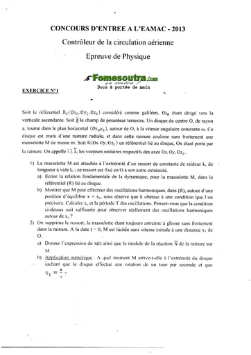 Sujet de Physique Concours EAMAC cycle Contrôleur de la circulation session 2013