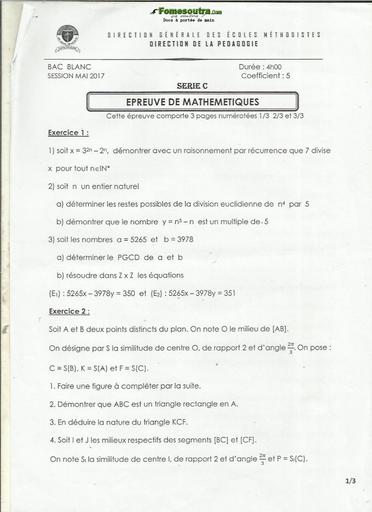 Sujet de Maths BAC blanc 2017 série C Ecoles Méthodistes