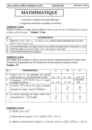 Partiel décembre 2023 Maths 1ière D UP21 by Tehua