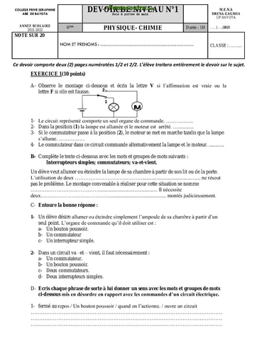 Devoir de Physique-Chimie niveau 6eme - Collège privé Séraphine Abé De Bayota - Année scolaire 2021-2022