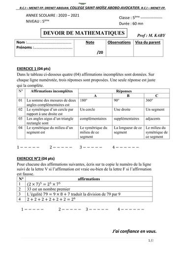 DEVOIR DE MATHS NIVEAU 5ième ANGLES BY TEHUA