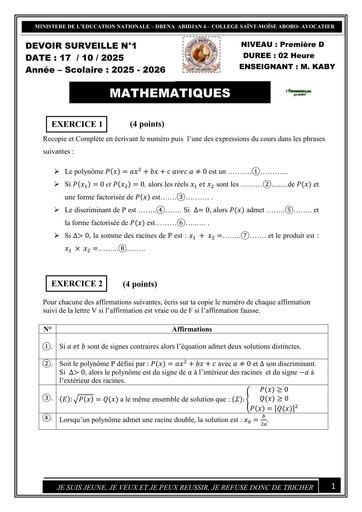 DEVOIR DE MATHS N°1 NIVEAU 1ere D 2025 2026 (Corrigé + Barême) KABY BY TEHUA