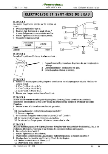 Electrolyse et synthèse de l’eau - Activité 3ème