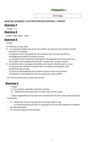 COURS DE VACANCE SVT 1ière CORRIGE SUJET 1 (LES FONCTIONS DES GONADES) BY TEHUA