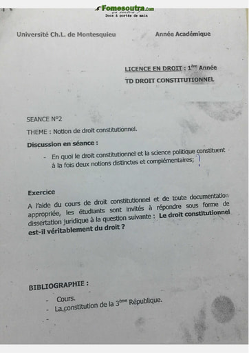 Travaux dirigés de Droit Constitutionnel - Licence en Droit 1ere année - Université Charles Louis de Montesquieu