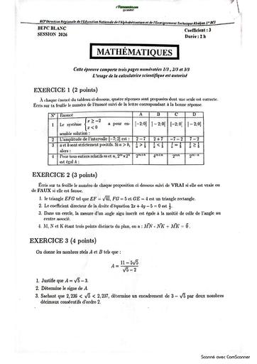 BEPC BLANC MARS 2026 MATHS SUJET DRENA ABIDJAN 1 BY TEHUA