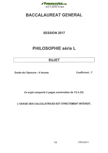 Sujet de philosophie série L Bac 2017