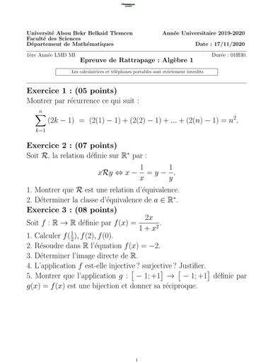 Examen4 Algèbre 1 MI L1 Tlemcen by TEHUA