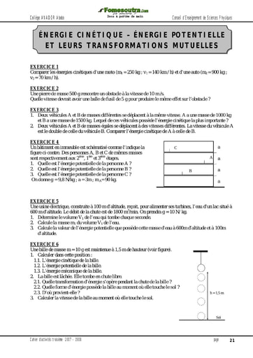 Énergie cinétique – énergie potentielle et leurs transformations mutuelles - Activité 3ème