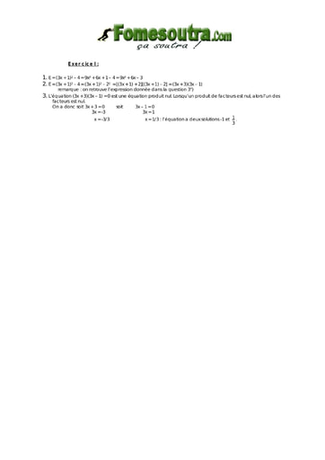 Corrigé TP 1 Calcul littéral et équation maths BEPC