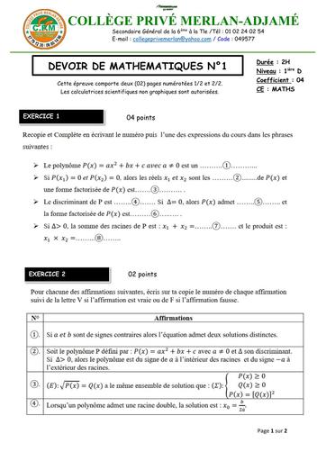 DEVOIR DE NIVEAU MATHS niveau 1ière D MERLAN 12 NOVEMBRE 2025 AVEC CORRIGE ET BAREME by TEHUA