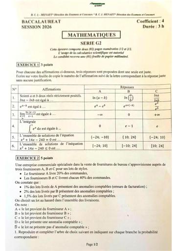 Bac 2026 Sujet Mathématiques série G2 By Tehua